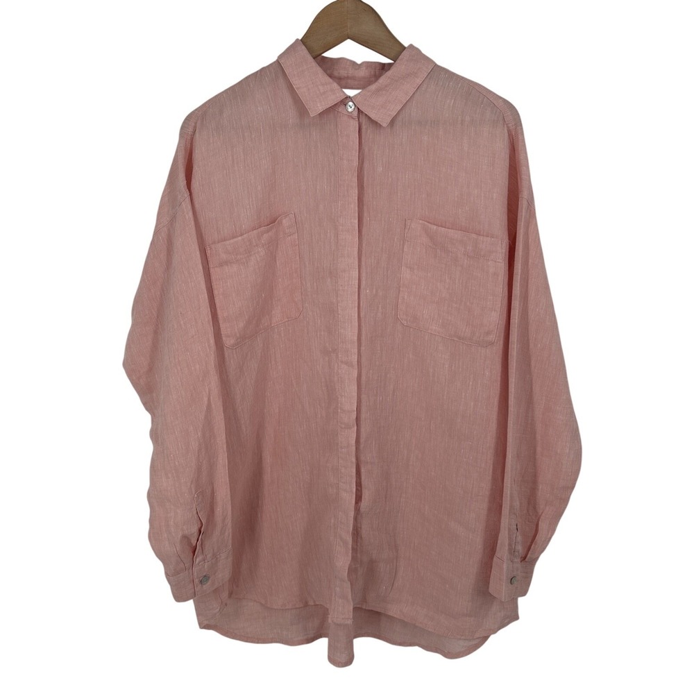 J Jill Women Love Linen Button Up Top Medium Pink Coastal Oversized Resort